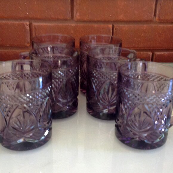 Vintage French Pressed Glass Mugs, Set of 6 Cristal d'Arques Durand Amethyst - Picture 1 of 6